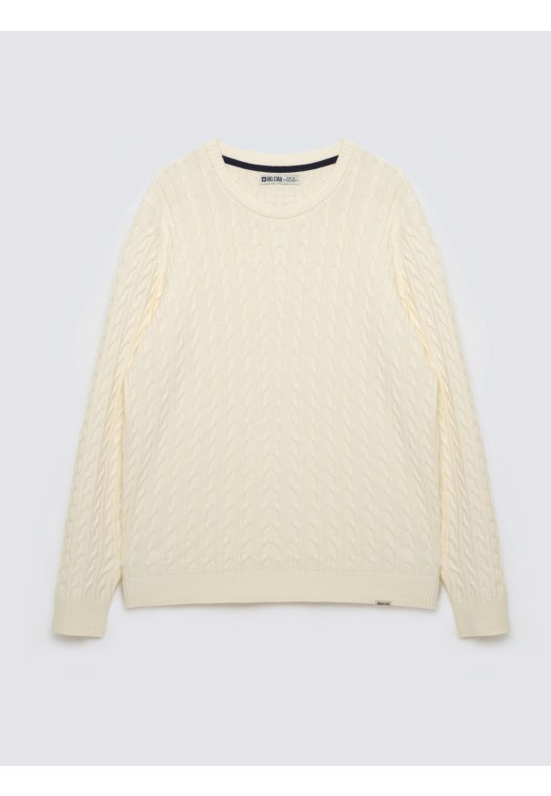 Big-Star - Sweter męski ze splotem warkoczowym i haftem kremowy Niser100. Kolor: biały. Materiał: bawełna. Wzór: ze splotem, haft. Styl: elegancki, klasyczny