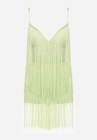 Born2be - Zielony Krótki Kombinezon z Długimi Frędzlami i Regulowanymi Ramiączkami Odenthe. Kolor: zielony. Długość rękawa: na ramiączkach. Długość: krótkie. Wzór: aplikacja #6