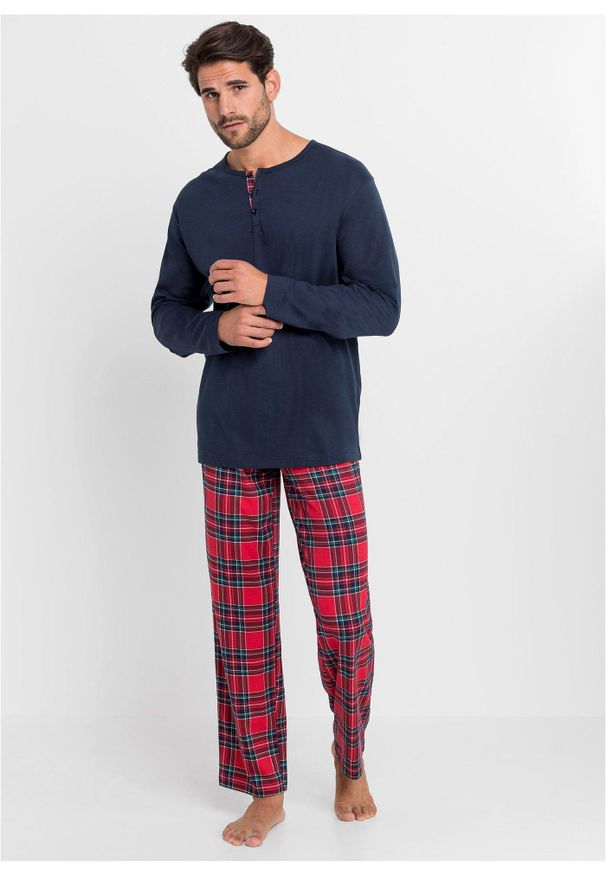 bonprix - Piżama z czystej bawełny z plisą guzikową i długimi rękawami. Kolor: niebieski. Materiał: bawełna. Długość: długie