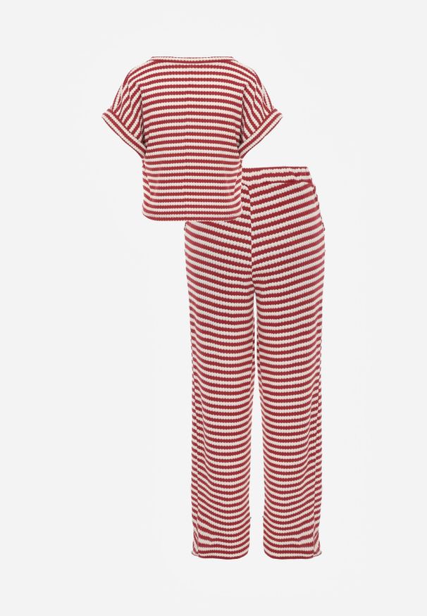 Renee - Beżowo-Czerwony Komplet z Dzianiny w Paski z Bawełną Bluzka z Krótkim Rękawem i Spodnie Akiseithe. Kolor: beżowy. Materiał: bawełna, dzianina. Wzór: paski