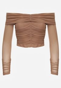 Renee - Ciemnobeżowa Drapowana Bluzka VICES z Odkrytymi Ramionami i Siateczkowymi Rękawami Atevite. Okazja: na co dzień. Kolor: beżowy. Materiał: jeans. Styl: casual #8