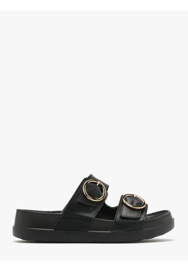 Ryłko - Czarne klapki ze złotymi klamrami GRACE. Nosek buta: okrągły. Kolor: czarny. Materiał: skóra