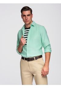 Ombre Clothing - Bawełniana pastelowa koszula męska typu oxford – miętowa V4 - Rozmiar: S. Kolor: miętowy. Materiał: bawełna. Wzór: aplikacja, ze splotem. Styl: elegancki, klasyczny