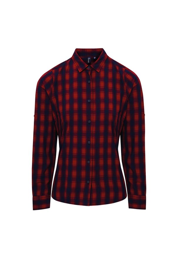 PREMIER - Damska Bawełniana Koszula W Kratę Z Długim Rękawem. Okazja: na co dzień. Kolor: czerwony, niebieski, wielokolorowy. Materiał: bawełna. Długość rękawa: długi rękaw. Długość: długie. Styl: casual