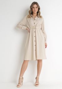 Born2be - Beżowa Sukienka Midi z Gumką w Pasie i Dodatkowym Paskiem ze Sprzączką Zawadi. Kolor: beżowy. Styl: elegancki. Długość: midi #1