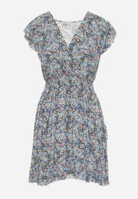 Born2be - Niebieska Bawełniana Sukienka z Gumką w Talii w Kwiatowy Wzór Bomalia. Typ kołnierza: kołnierz z falbankami. Kolor: niebieski. Materiał: bawełna. Wzór: kwiaty. Sezon: lato #2