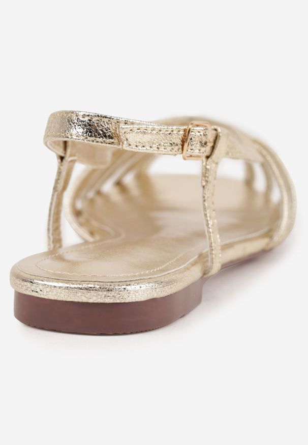 Renee - Złote Sandały Peep Toe VICES na Płaskiej Podeszwie z Cienkimi Paseczkami Nadalila. Nosek buta: otwarty. Zapięcie: sprzączka. Kolor: złoty. Materiał: skóra. Sezon: lato. Obcas: na płaskiej podeszwie. Wysokość obcasa: niski