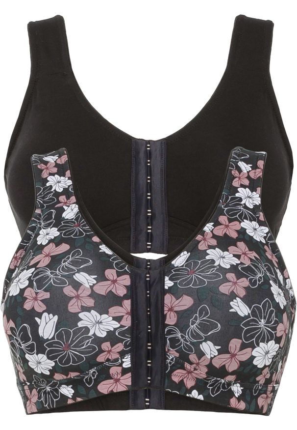 bonprix - Biustonosz z zapięciem z przodu, bez fiszbinów (2 szt.), z bawełny. Kolor: czarny. Materiał: bawełna