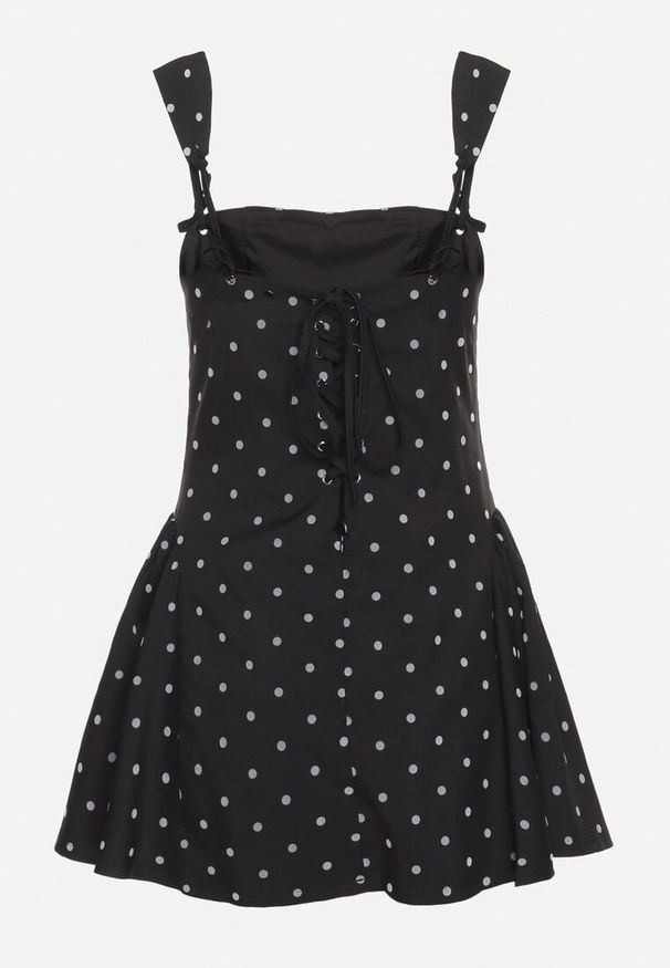 Born2be - Czarna Sukienka Vices w Grochy o Rozkloszowanym Kroju z Wiązaniem na Ramiączkach Saririse. Okazja: na ślub cywilny, na wesele. Typ kołnierza: dekolt kwadratowy, dekolt gorset. Kolor: czarny. Długość rękawa: na ramiączkach. Wzór: grochy. Typ sukienki: gorsetowe