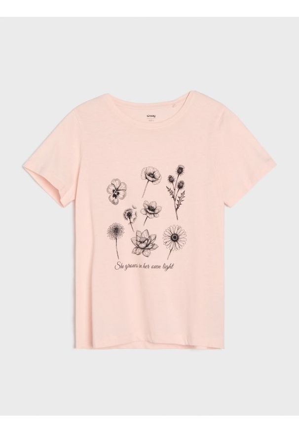 Sinsay - Bawełniana koszulka z nadrukiem - różowy. Kolor: różowy. Materiał: bawełna. Wzór: nadruk