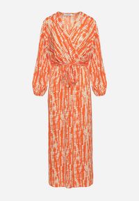 Born2be - Pomarańczowa Sukienka z Paskiem w Talii i Etnicznym Motywem Celestrria. Kolor: pomarańczowy