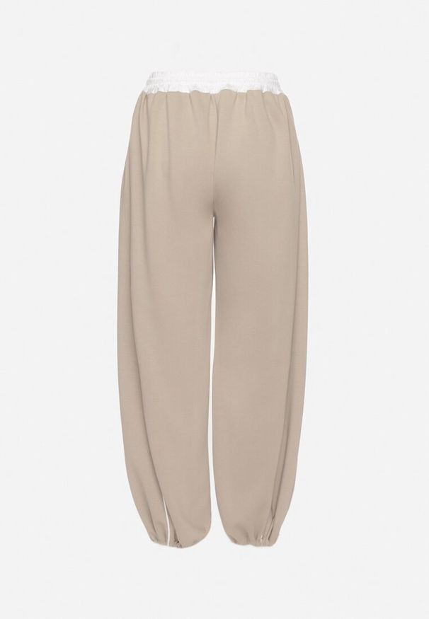 Born2be - Beżowe Spodnie Dresowe z Wiskozą Wysokim Stanem i Lampasami Maithena. Okazja: na co dzień. Stan: podwyższony. Kolor: beżowy. Materiał: wiskoza, dresówka. Styl: casual, elegancki