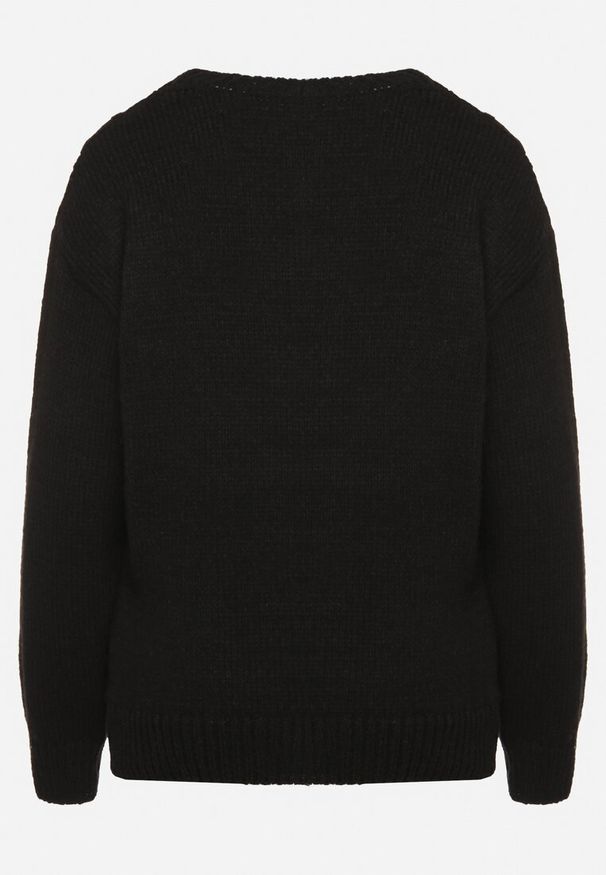 Born2be - Czarny Sweter z Wełną Ściągaczem i Tłoczeniem Riavonnae. Okazja: na co dzień. Kolor: czarny. Materiał: wełna. Styl: casual, elegancki, klasyczny, wizytowy