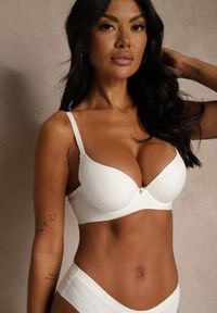 Renee - Biały Gładki Biustonosz z Efektem Push-up Theisithea. Kolor: biały. Materiał: jeans. Rodzaj stanika: push-up. Wzór: gładki #1