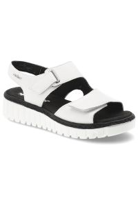 Sandały damskie Rieker, cholewka ze skóry naturalnej z materiałowym wnętrzem zapinane na rzep, białe, V1382-80. Okazja: na co dzień, na spacer. Zapięcie: rzepy. Kolor: biały. Materiał: materiał, skóra. Wzór: paski. Sezon: lato. Styl: klasyczny, casual #1