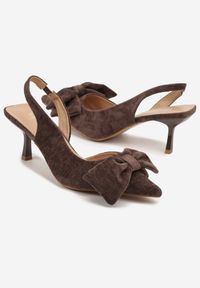 Renee - Brązowe Sandały na Szpilce Slingback z Kokardą Sunaiel. Nosek buta: otwarty. Kolor: brązowy. Sezon: lato. Obcas: na szpilce. Wysokość obcasa: średni #6