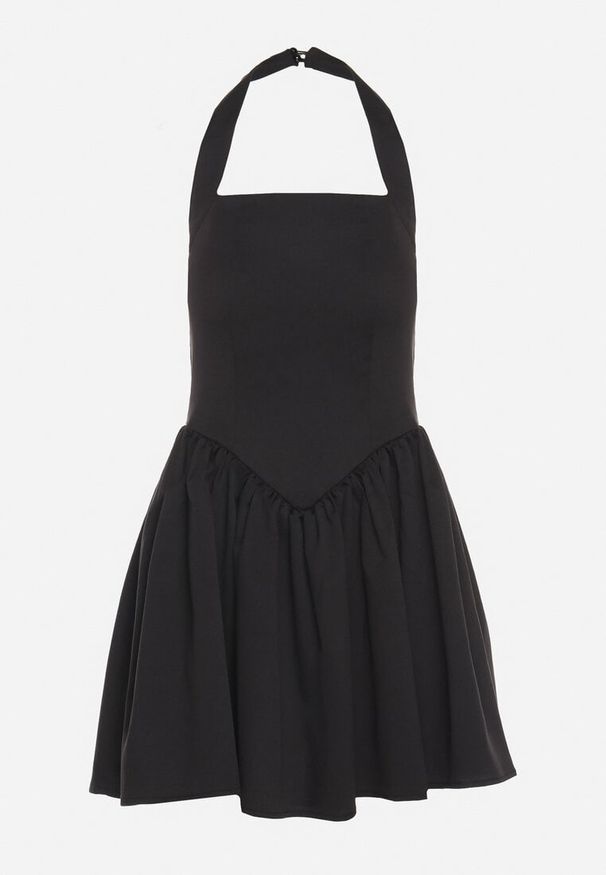 Born2be - Czarna Rozkloszowana Sukienka Vices z Paskiem na Szyję Nelimira. Okazja: na co dzień. Kolor: czarny. Wzór: aplikacja. Styl: elegancki, casual