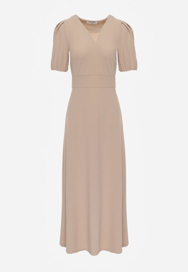 Renee - Jasnobeżowa Rozkloszowana Sukienka z Lekko Bufiastymi Rękawami i Dekoltem V Efrusae. Okazja: na co dzień. Kolor: beżowy. Typ sukienki: dopasowane, proste. Styl: casual, klasyczny