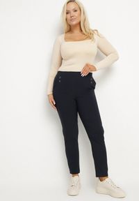 Born2be - Granatowe Spodnie z Wiskozą i Ozdobnymi Guzikami Tenzina. Okazja: na co dzień. Kolor: niebieski. Materiał: wiskoza. Styl: klasyczny, casual #3
