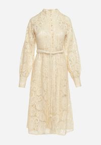 Born2be - Jasnobeżowa Koronkowa Sukienka Midi z Wiązanym Paskiem Azraella. Kolor: beżowy. Materiał: koronka. Długość rękawa: na ramiączkach. Długość: midi #7