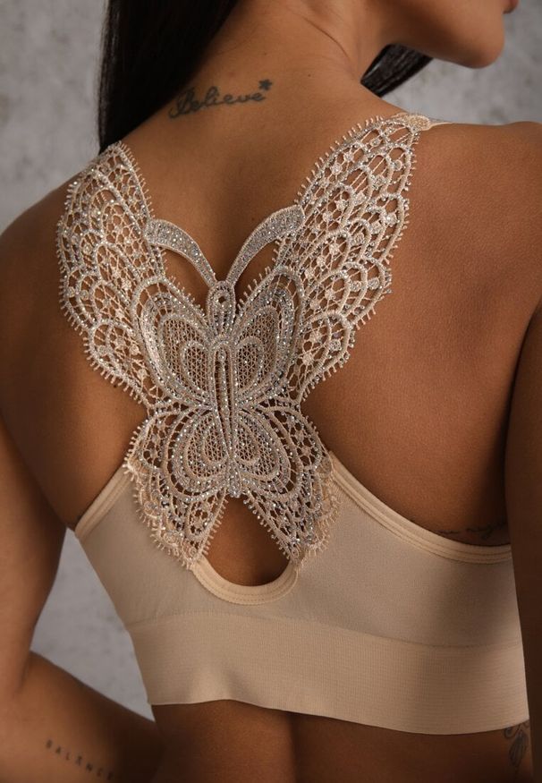 Renee - Beżowy Biustonosz na Szerokich Ramiączkach z Koronką w Cyrkonie Caduria. Kolor: beżowy. Materiał: koronka. Rodzaj stanika: wyciągane miseczki. Wzór: koronka