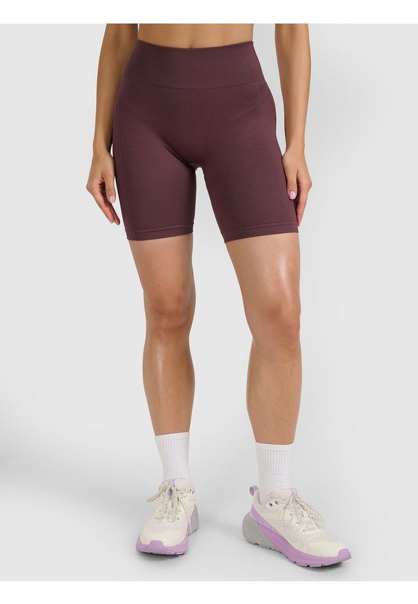 4f - 4F Legginsy kolarki treningowe bezszwowe damskie - brązowe XS/S. Stan: podwyższony. Kolor: brązowy. Materiał: dzianina, materiał, syntetyk, włókno, elastan. Wzór: gładki, ze splotem. Sport: fitness