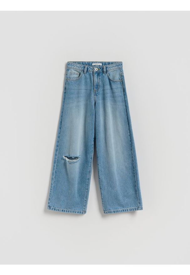 Reserved - Jeansy wide leg z przetarciem - niebieski. Kolor: niebieski