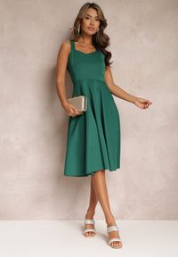Renee - Zielona Sukienka Midi na Szerokich Ramiączkach z Rozkloszowanym Dołem Kiratta. Kolor: zielony. Długość rękawa: na ramiączkach. Styl: elegancki. Długość: midi #4