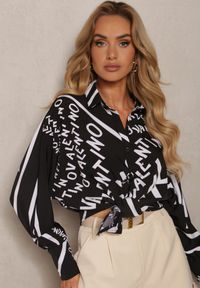 Renee - Czarno-Biała Koszula z Długim Rękawem i Ozdobnymi Napisami Wiązana na Dole Vikna. Okazja: na spotkanie biznesowe, na co dzień. Kolor: czarny. Materiał: jeans. Długość rękawa: długi rękaw. Długość: długie. Wzór: napisy. Styl: casual, wizytowy, biznesowy #5
