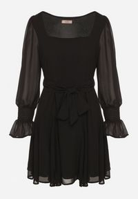 Born2be - Czarna Sukienka Vices z Siateczkowymi Rękawami i Wiązanym Paskiem Resnala. Okazja: na co dzień. Typ kołnierza: dekolt kwadratowy. Kolor: czarny. Materiał: materiał. Typ sukienki: rozkloszowane. Styl: casual, elegancki #6