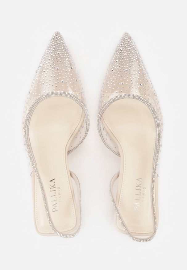 Renee - Beżowe Szpilki Slingback z Transparentną Cholewką i Cyrkoniami Liaceran. Okazja: na imprezę. Kolor: beżowy. Szerokość cholewki: normalna. Obcas: na szpilce. Styl: wizytowy, glamour