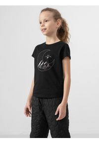 4f - T-shirt z nadrukiem dziewczęcy. Kolor: czarny. Materiał: dzianina, bawełna. Wzór: nadruk