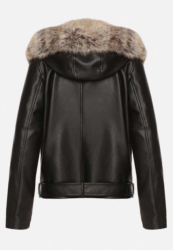 Born2be - Czarna Kurtka Ramoneska z Odpinanym Kapturem i Futrem Aplonna. Kolor: czarny. Materiał: futro. Sezon: zima, jesień. Styl: klasyczny