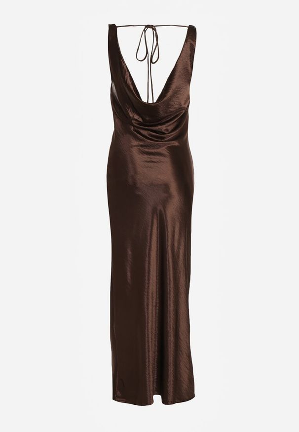 Renee - Brązowa Satynowa Wiskozowa Sukienka Koktajlowa z Bawełną Deleisana. Kolor: brązowy. Materiał: wiskoza, bawełna, satyna. Styl: wizytowy