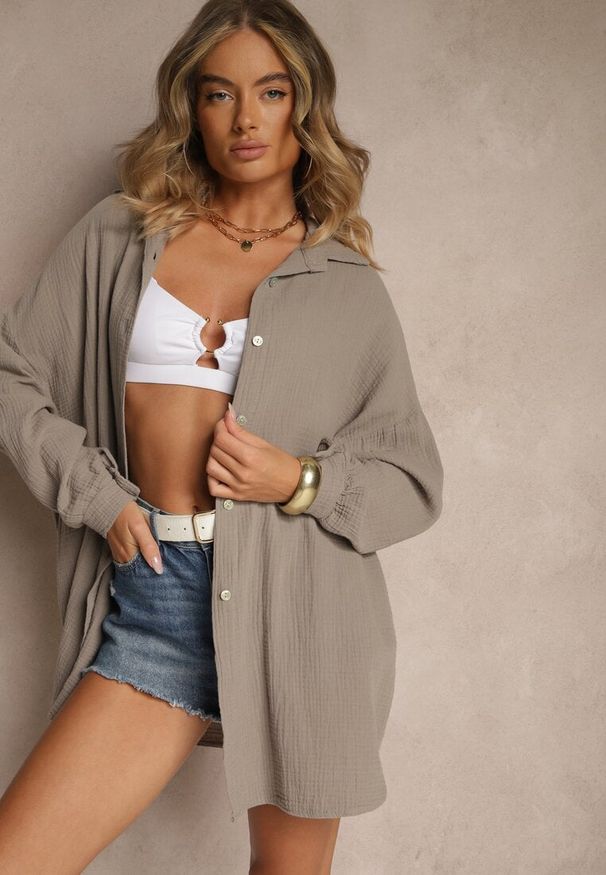 Renee - Beżowa Muślinowa Koszula z Bawełny Ateloria. Okazja: na co dzień. Kolor: beżowy. Materiał: bawełna. Styl: casual