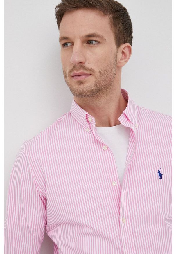 Polo Ralph Lauren Koszula 710859881002 męska kolor różowy slim z kołnierzykiem button-down. Typ kołnierza: button down, polo. Kolor: różowy. Materiał: tkanina, materiał