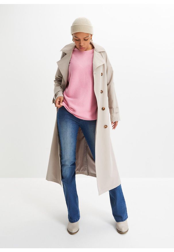 bonprix - Sweter oversize w prążek, z materiału z domieszką wiskozy. Kolor: różowy. Materiał: materiał, wiskoza. Wzór: prążki
