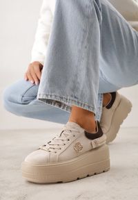 Born2be - Beżowe Sneakersy Skórzane na Grubej Podeszwie z Plecionym Paskiem i Ozdobą Chalessei. Okazja: na co dzień. Zapięcie: pasek. Kolor: beżowy. Materiał: skóra. Wzór: aplikacja #9