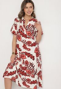 Born2be - Bordowa Sukienka z Wiskozą i Lnem Pudełkowa z Kieszeniami w Kwiatowy Wzór Boho Natundelia. Okazja: na co dzień. Kolor: czerwony. Materiał: wiskoza, len. Wzór: kwiaty. Styl: boho #2