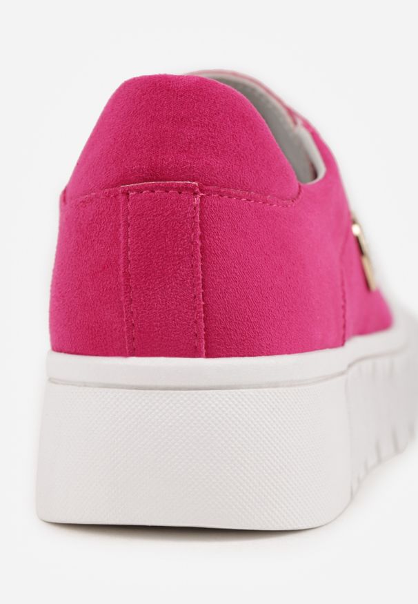 Renee - Fuksjowe Sznurowane Sneakersy Vices na Platformie z Tłoczeniem i Metaliczną Aplikacją Lavfedi. Okazja: na co dzień. Kolor: różowy. Materiał: jeans. Wzór: aplikacja. Obcas: na platformie