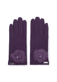 Wittchen - Damskie rękawiczki z włóczkowym kwiatkiem. Kolor: fioletowy. Materiał: wełna. Wzór: kwiaty. Styl: casual, elegancki