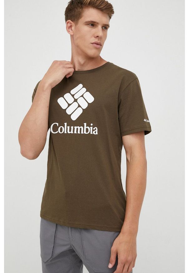 columbia - Columbia t-shirt męski kolor zielony 1680053-014. Okazja: na co dzień. Kolor: zielony. Materiał: bawełna. Wzór: nadruk. Styl: casual