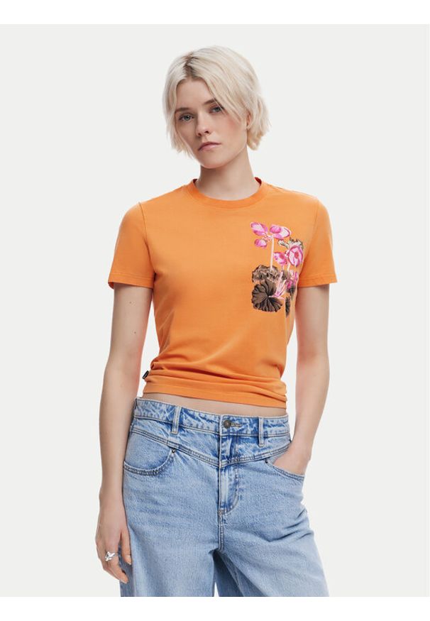 Desigual T-Shirt Botanical 25SWTK48 Pomarańczowy Slim Fit. Kolor: pomarańczowy. Materiał: bawełna