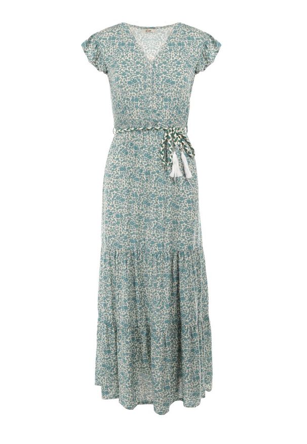 Born2be - Biało-Zielona Sukienka z Paskiem Phenaleia. Kolor: zielony. Materiał: tkanina, skóra, materiał, wiskoza. Wzór: aplikacja, kwiaty, nadruk. Styl: boho. Długość: maxi