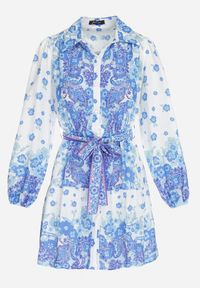 Born2be - Niebieska Koszulowa Sukienka z Guzikami i Gumką w Pasie Melija. Kolor: niebieski. Materiał: materiał. Wzór: kwiaty. Sezon: wiosna, lato. Typ sukienki: koszulowe #5