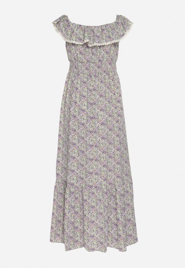 Born2be - Fioletowa Sukienka Ozdobiona Falbankami Folirae. Okazja: na co dzień, na spacer. Typ kołnierza: kołnierz z falbankami. Kolor: fioletowy. Wzór: aplikacja. Sezon: lato. Typ sukienki: sportowe. Styl: sportowy, casual