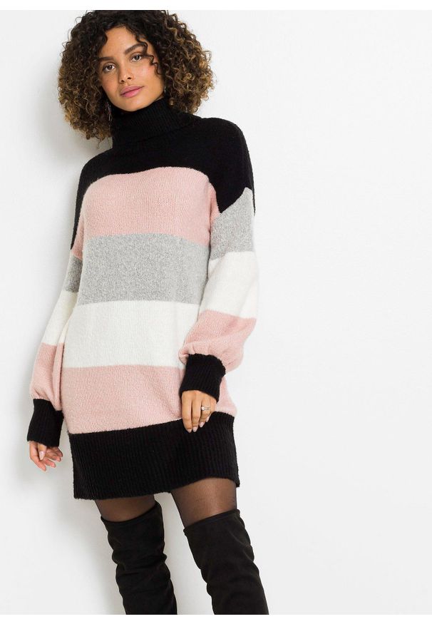 bonprix - Długi sweter. Typ kołnierza: golf. Kolor: czarny. Długość: długie. Wzór: paski