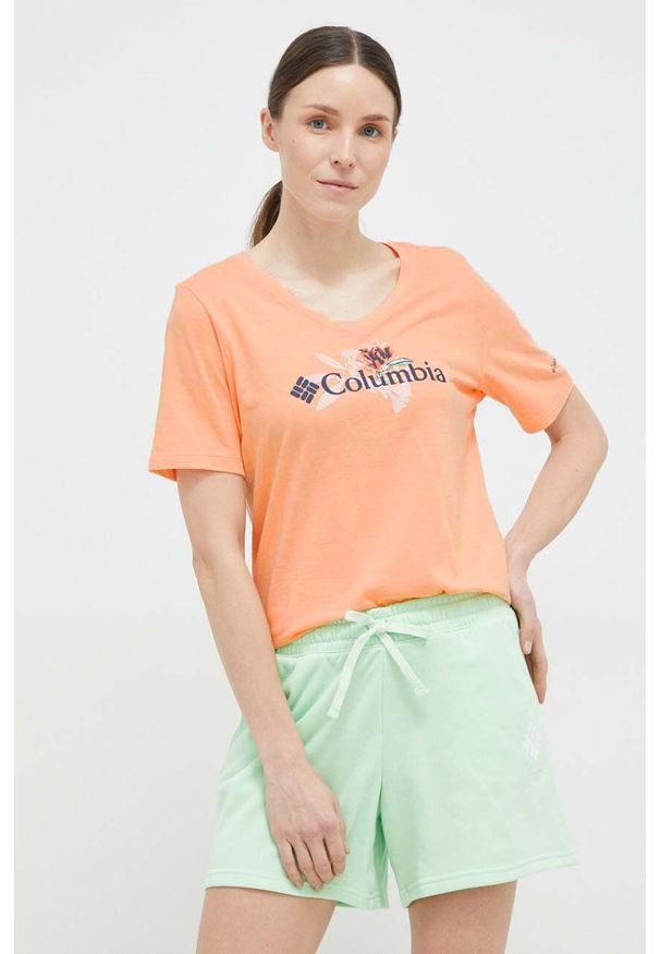 columbia - Columbia t-shirt damski kolor pomarańczowy. Kolor: pomarańczowy. Wzór: nadruk