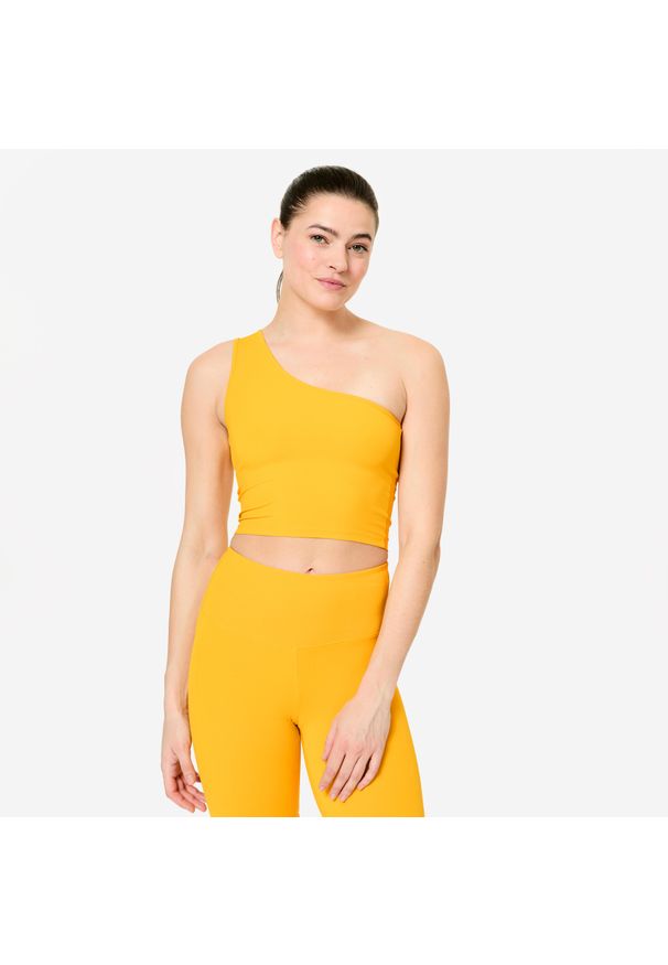 DOMYOS - Koszulka fitness damska Domyos bez rękawów. Kolor: żółty, pomarańczowy, wielokolorowy. Materiał: materiał, elastan, poliamid. Długość rękawa: bez rękawów. Długość: krótkie. Wzór: ze splotem. Sport: fitness