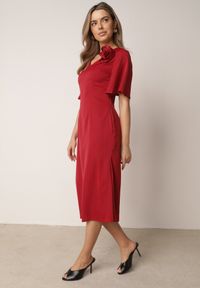 Born2be - Czerwona Koktajlowa Sukienka VICES ze Zwiewnymi Rękawami i Kwiatową Aplikacją 3D Talilia. Okazja: na wesele, na ślub cywilny, na imprezę. Kolor: czerwony. Wzór: aplikacja, kwiaty. Styl: wizytowy #5